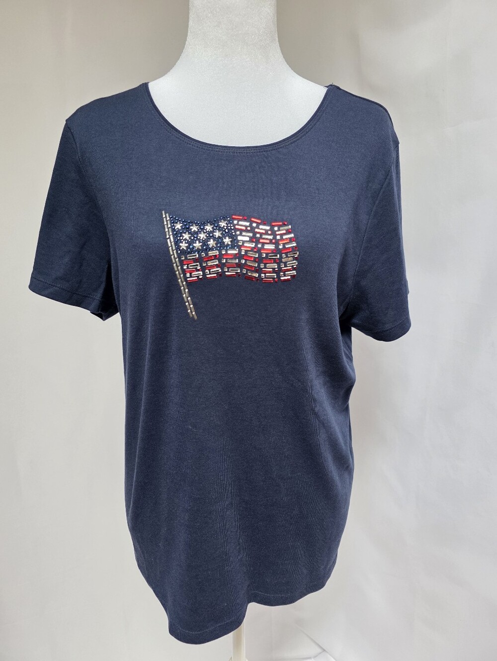 Karen Scott Patriotic American Flag Embellished Top PXL Navy Beaded